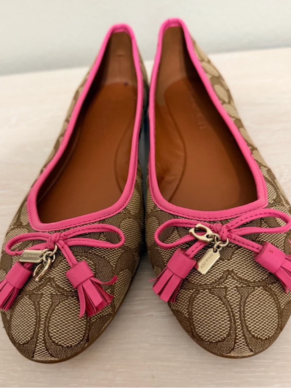 Coach Brown Signature Canvas Ballet Flats with Pink Trim